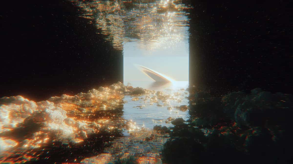 Underground tunnel opening to bright sky with golden light reflections on water