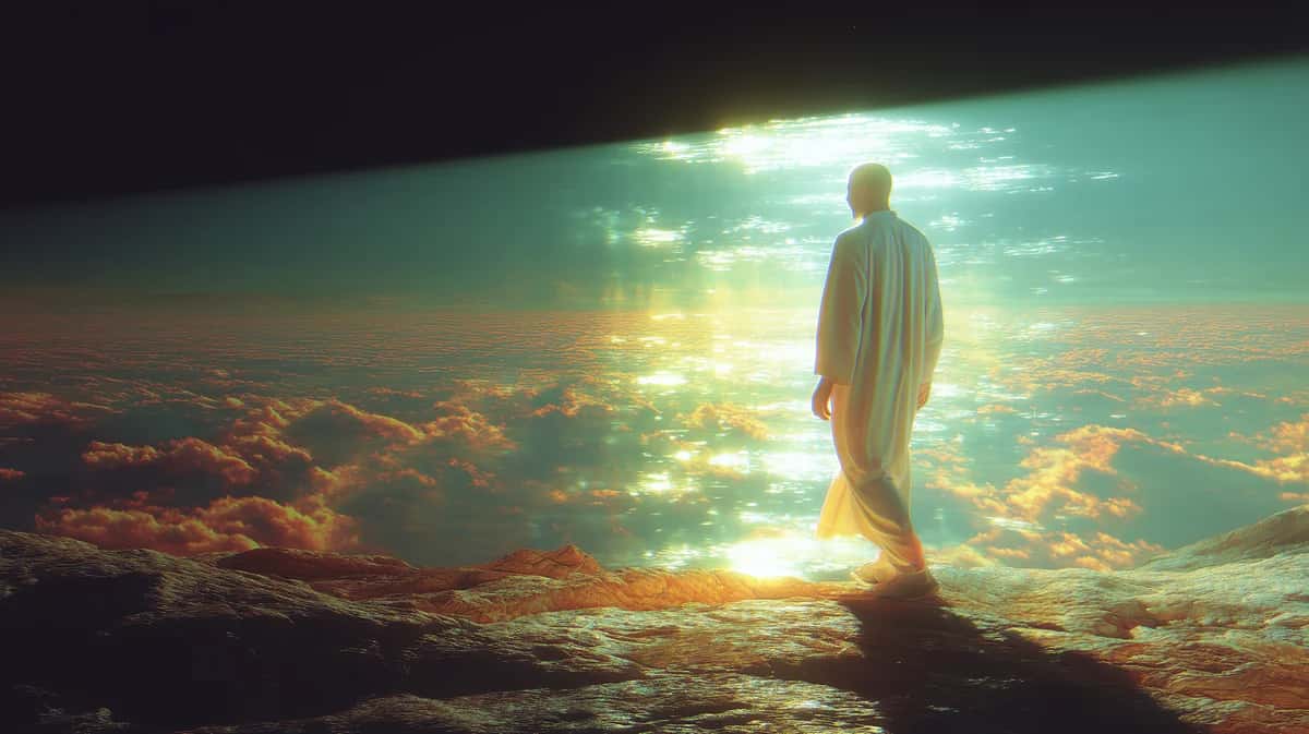 Ethereal figure standing on clouds at sunset, golden and turquoise light, heavenly landscape
