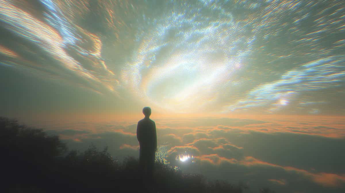 Silhouetted figure standing on mountain overlooking golden sunset clouds and rays