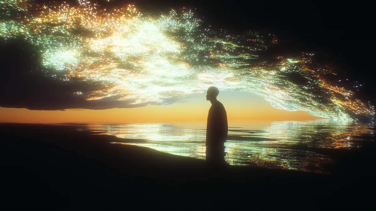 Silhouetted figure standing before golden sunrise with ethereal light rays and emerald green atmospheric glow