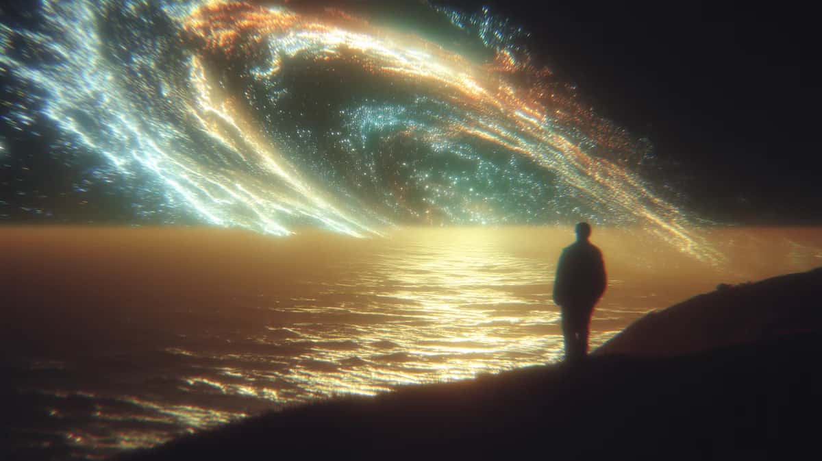 Silhouetted figure standing on hillside beneath swirling golden and teal cosmic vortex
