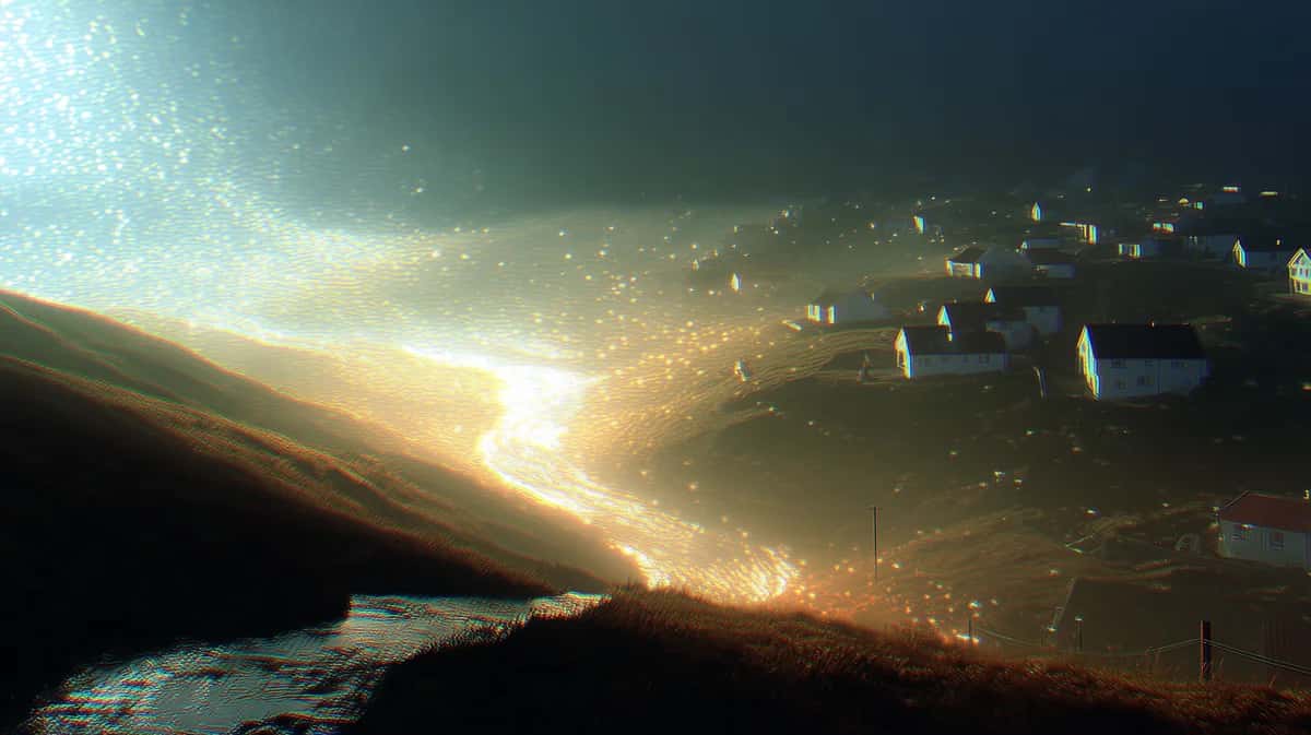 Golden sunlight streaming over misty hillside landscape with scattered buildings, warm luminous glow