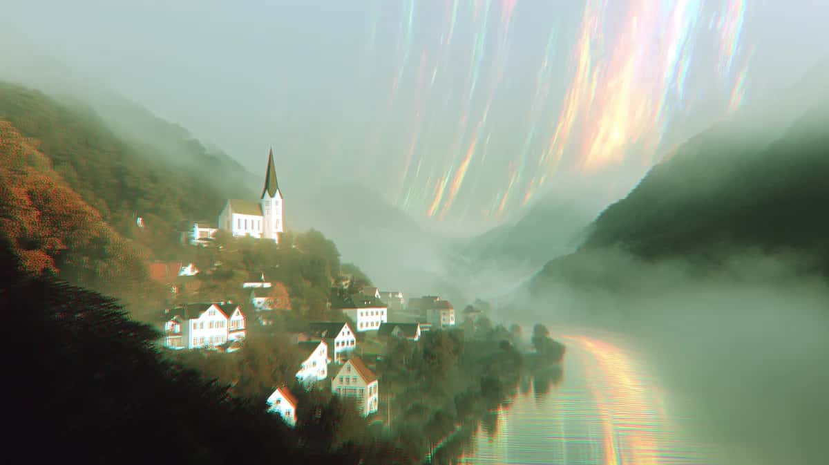 Misty valley landscape with church spire, forested mountains, golden sunlight, fog and water reflection