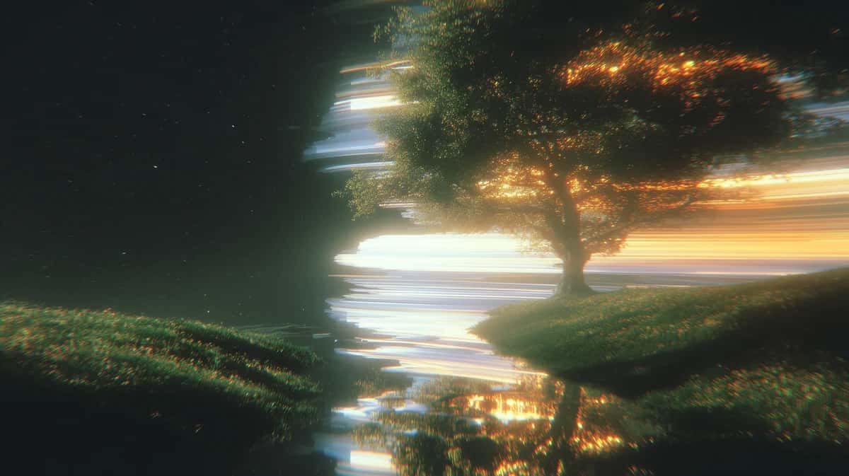 Glowing tree by illuminated stream at night, golden and blue light, long exposure effect