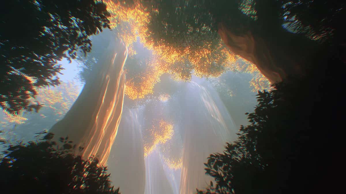 Dramatic upward view of tall forest trees with golden sunlight filtering through canopy, creating ethereal rays and warm glow