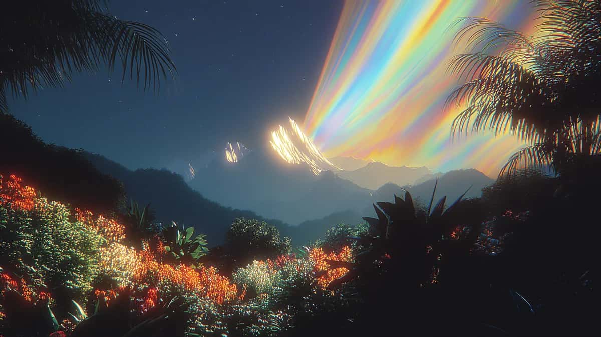 Twilight jungle silhouette with mountains and iridescent rainbow streaks across deep blue sky