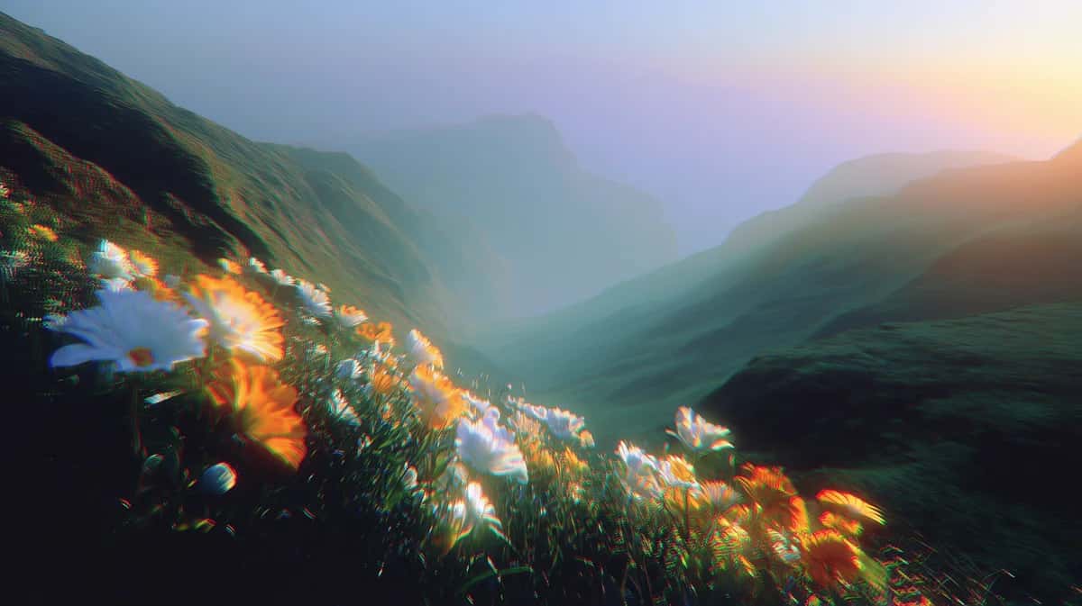 Mountain valley at sunset with golden lights dotting hillside, misty peaks in purple and blue tones