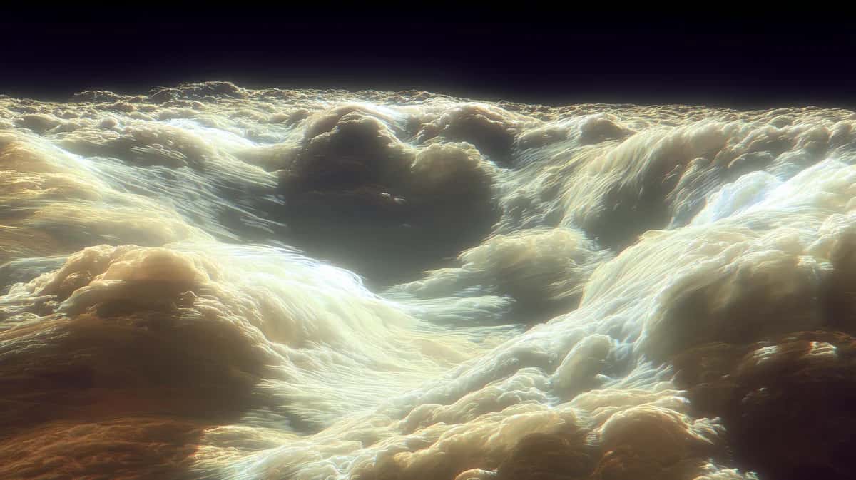 Dramatic cloud formation with golden light, swirling cumulus masses against dark sky