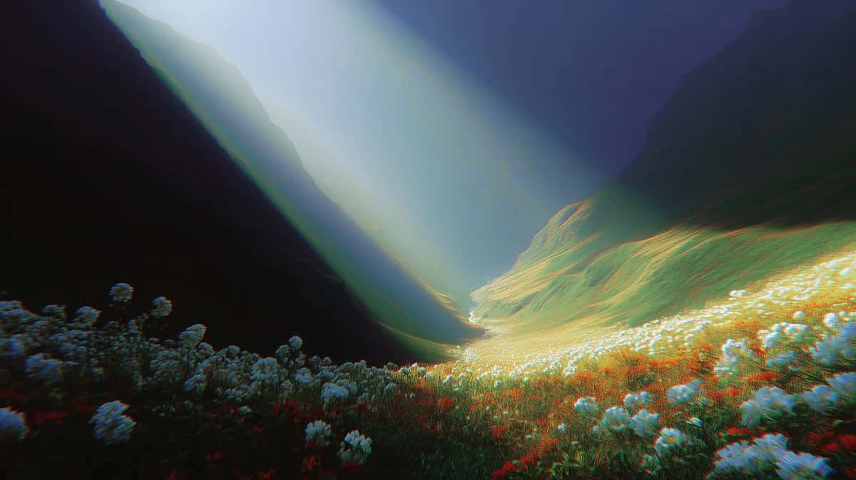 Mountain valley landscape with wildflower meadow, golden sunlight and deep blue shadows