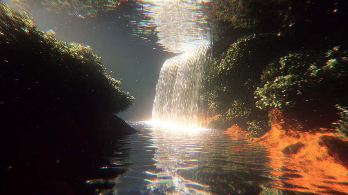 Sunlit waterfall cascading into glowing orange pool, lush green moss-covered cave walls