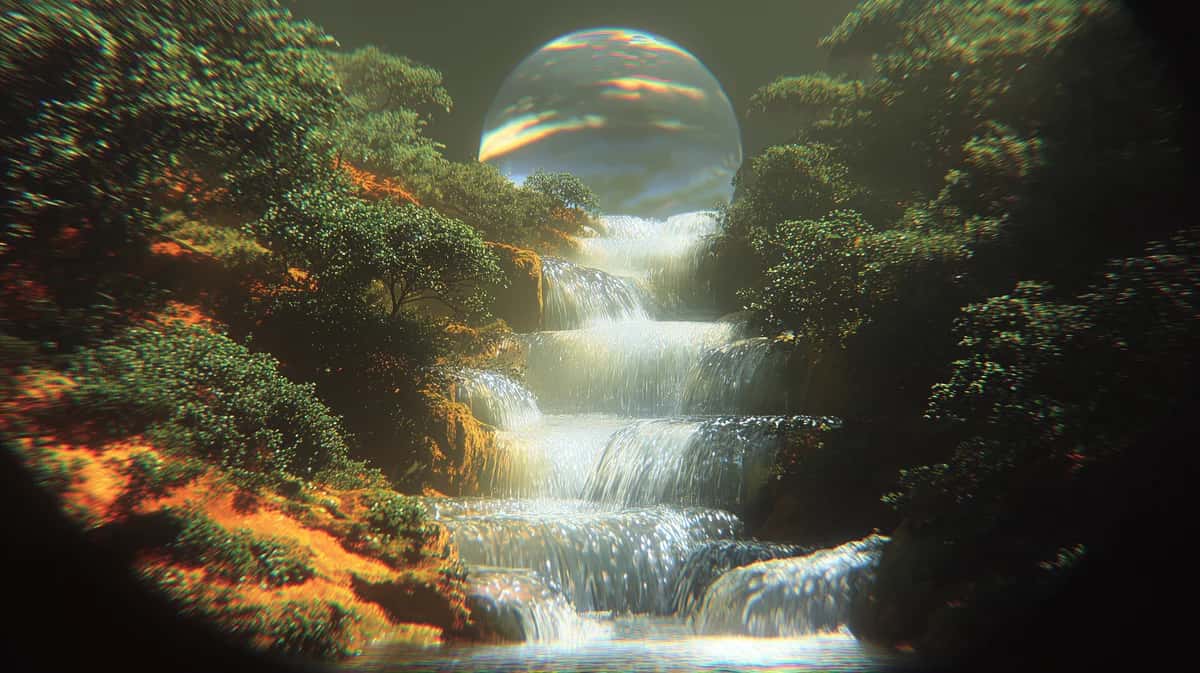 Mystical forest waterfall landscape with glowing sphere and warm golden light, layered foliage composition