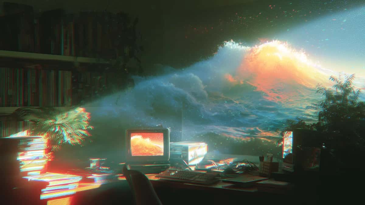 Retro computer setup with dramatic mountain sunset sky, warm orange and blue tones, nostalgic vaporwave aesthetic