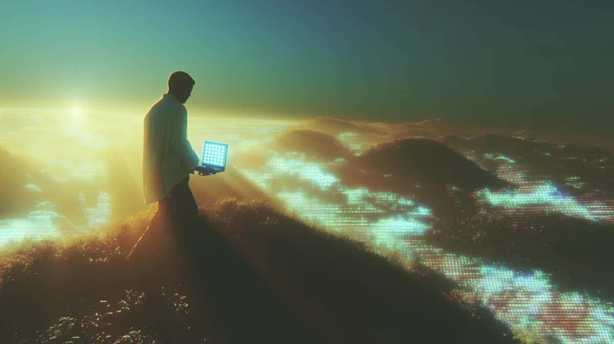 Person holding glowing laptop overlooking illuminated landscape at sunset, golden and teal tones