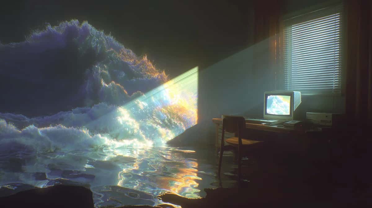 Dramatic ocean wave crashing through dark office window, golden light and blue water, silhouetted desk