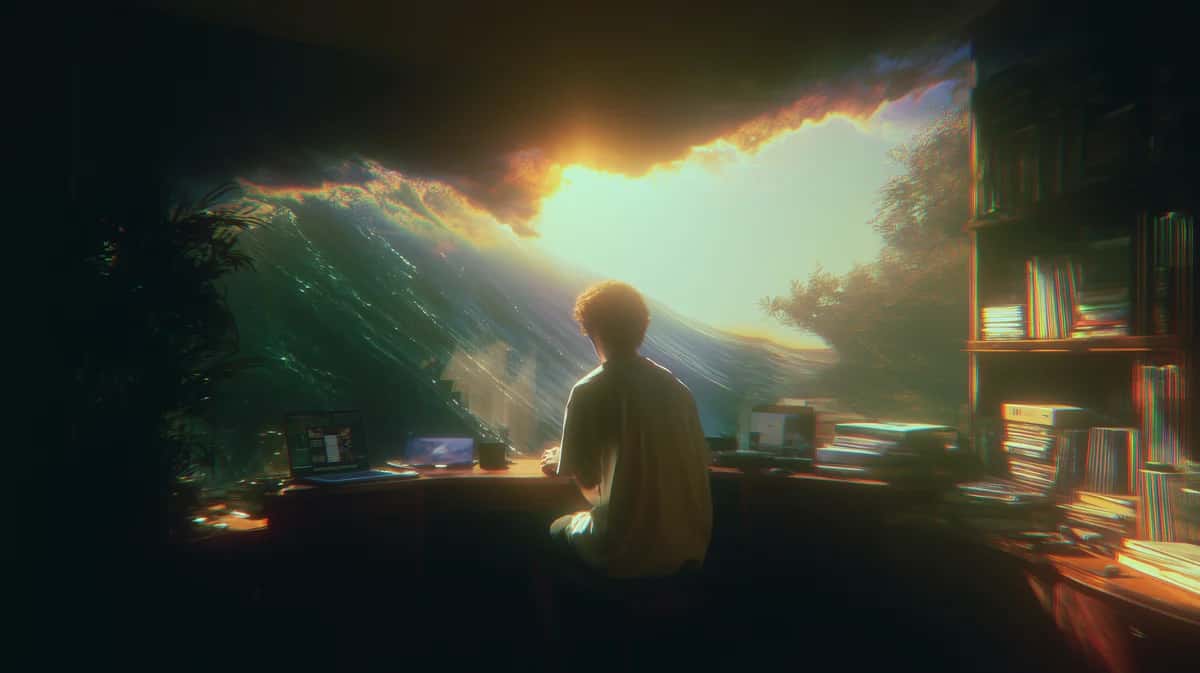 Person at desk facing massive glowing mountain landscape through window, warm golden light, dramatic sky