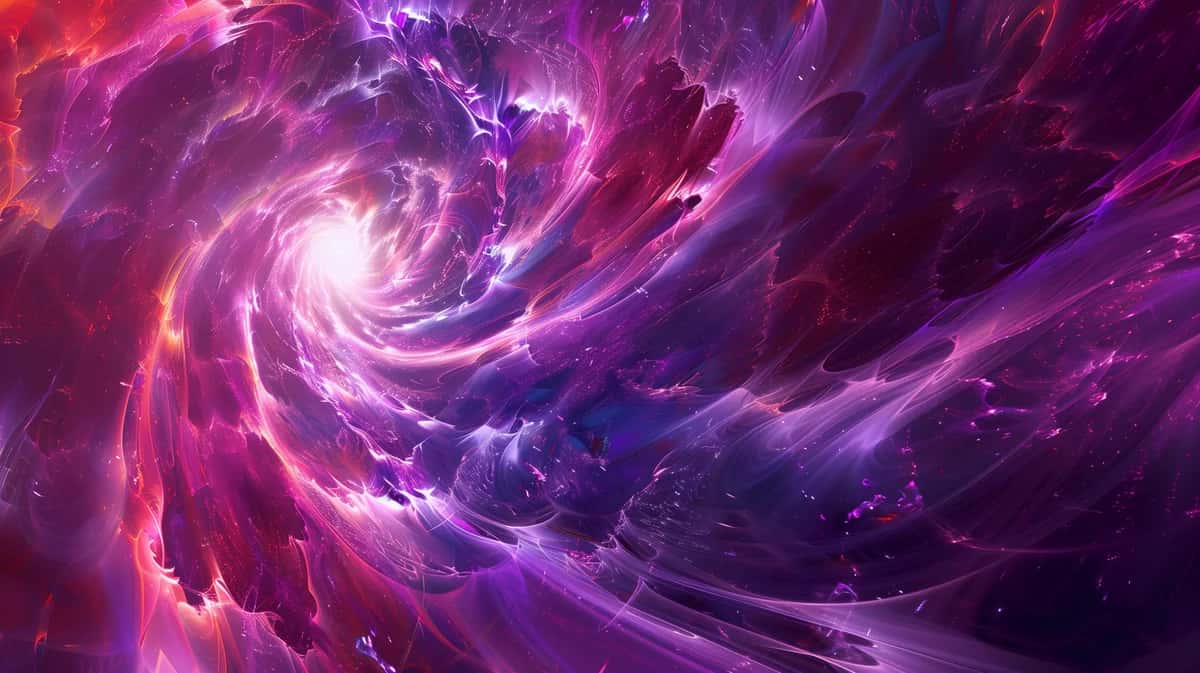 Swirling cosmic vortex with purple, pink, and magenta energy spirals radiating from glowing center
