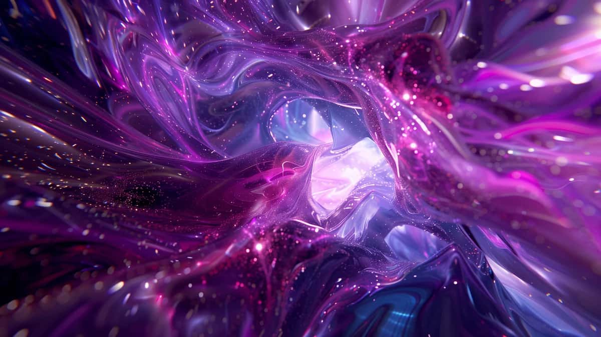 Abstract purple and blue energy vortex with glowing light particles and swirling cosmic forms