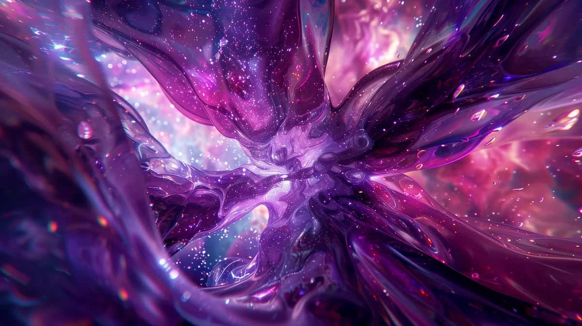 Abstract purple and magenta cosmic portal with radiating light rays and crystalline formations