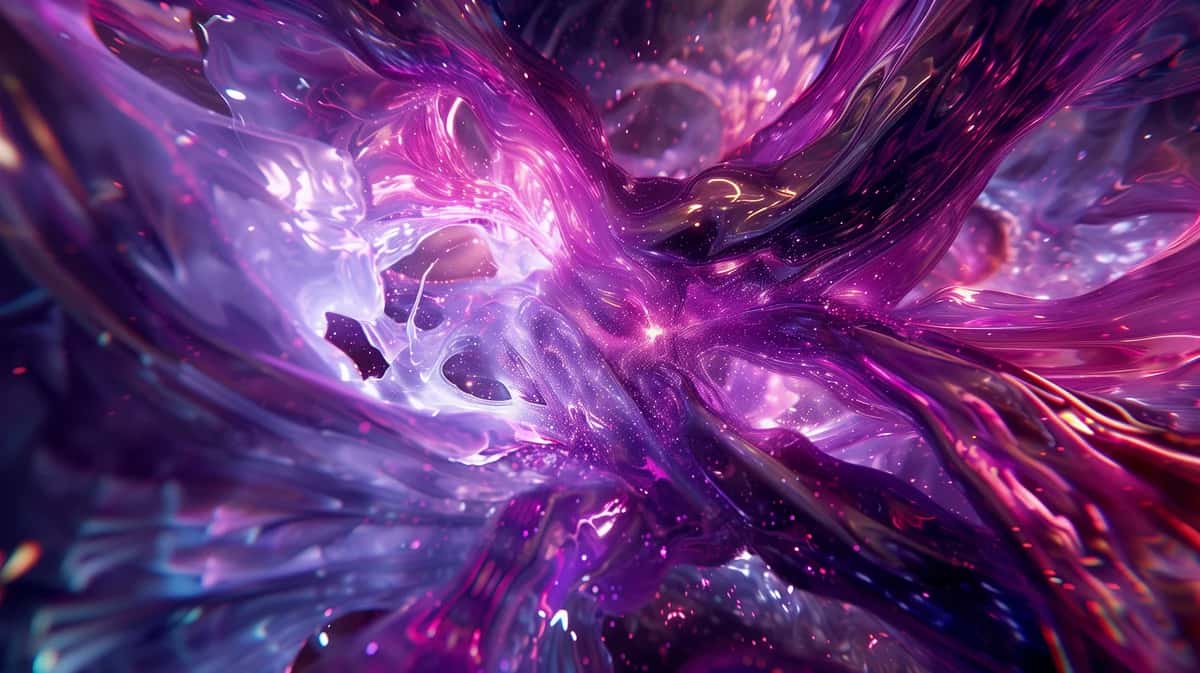 Abstract swirling purple and magenta energy vortex with crystalline light particles and dynamic flowing forms
