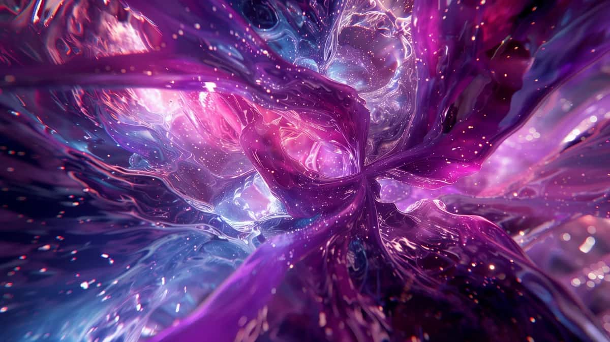 Abstract purple and blue cosmic energy vortex with swirling light particles and crystalline formations