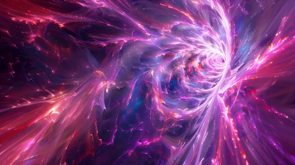 Abstract spiral vortex with vibrant magenta, pink, and blue energy streaks radiating outward