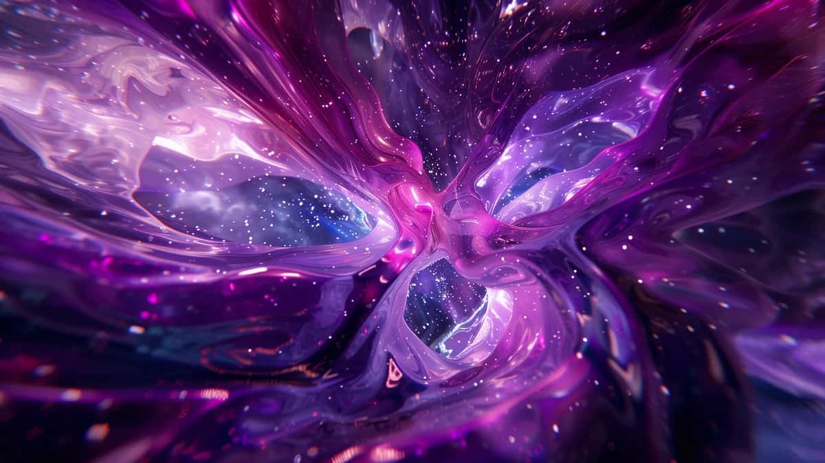 Abstract purple and magenta cosmic explosion with radiating light rays and glowing particles