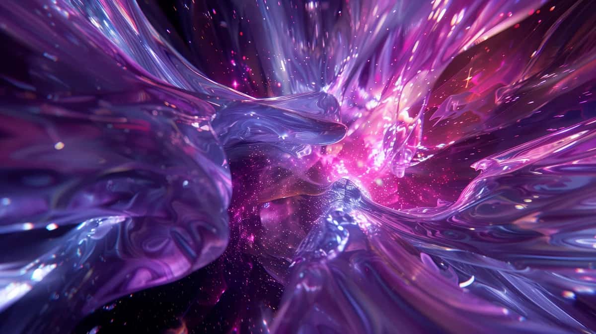 Abstract explosive energy burst with purple, pink, and blue light rays radiating from center