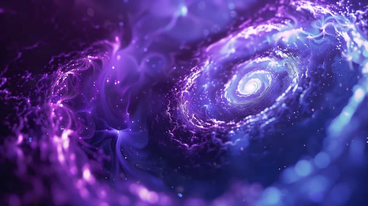 Purple and blue spiral galaxies with glowing cosmic dust and swirling energy patterns