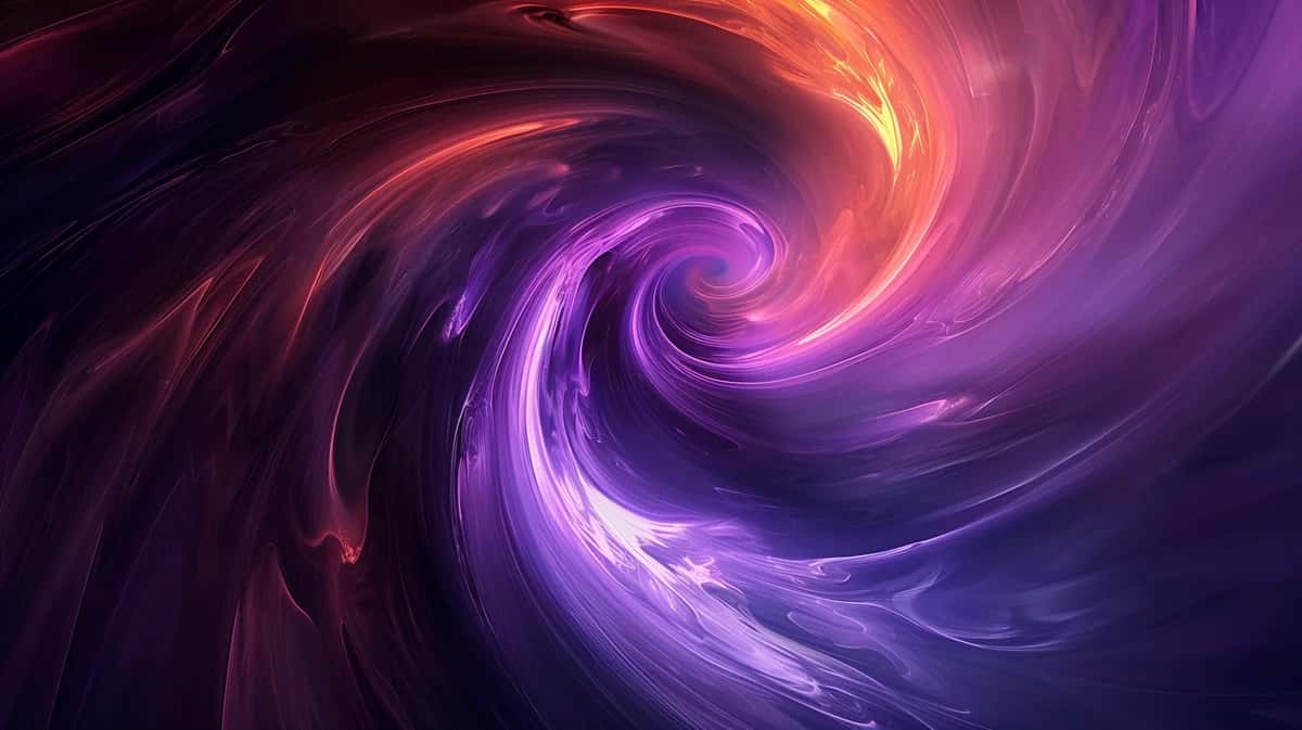 Abstract swirling vortex with purple, magenta, and golden orange luminous energy spiraling inward