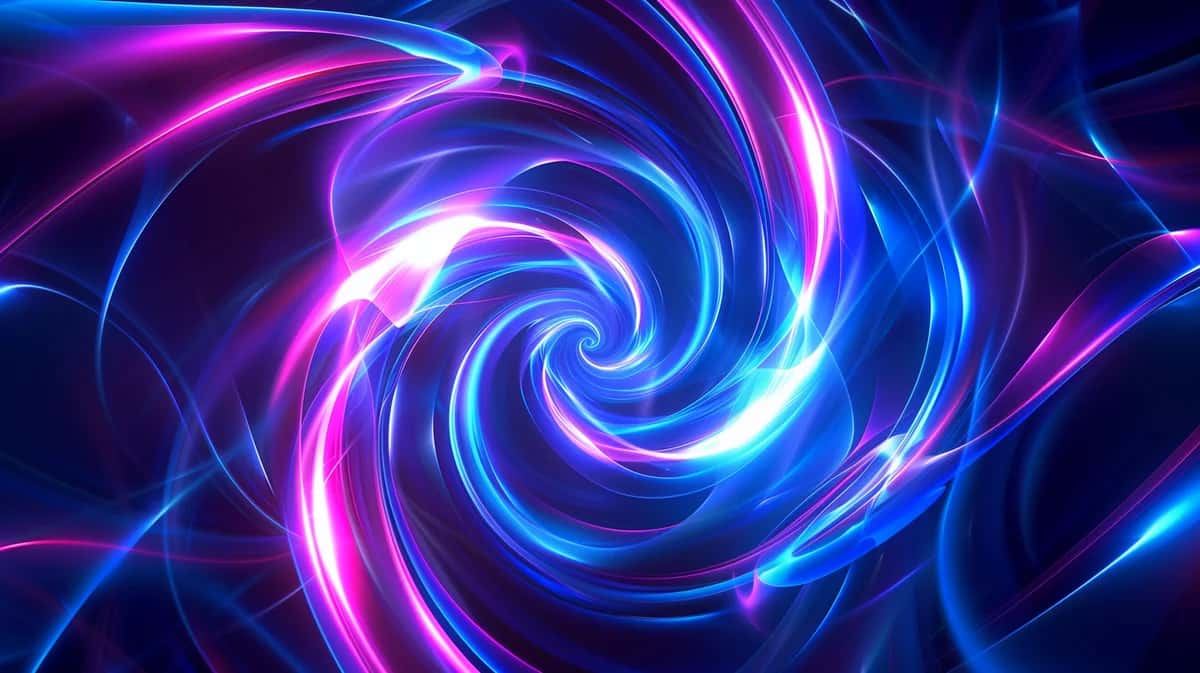 Glowing spiral vortex with vibrant magenta, blue, and cyan neon swirls on dark background