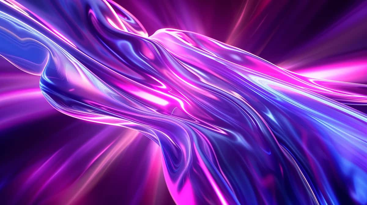 Abstract flowing ribbons in vibrant purple, pink, and blue with glowing light effects and dynamic motion