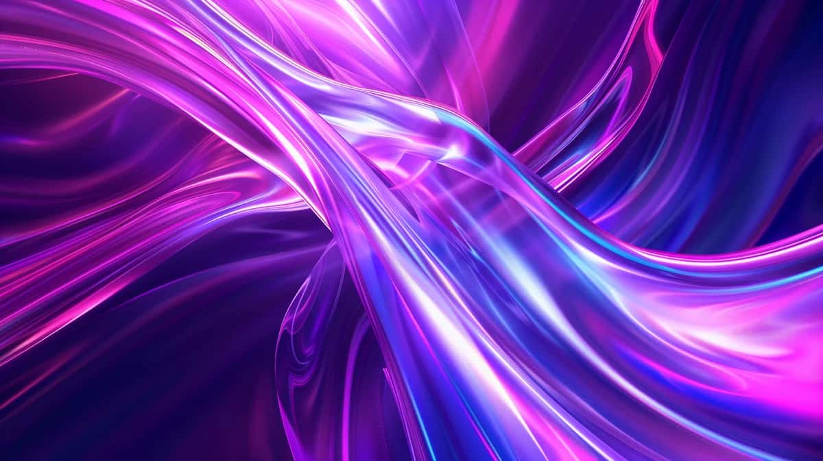 Flowing iridescent glass ribbons in magenta, violet, and electric blue with chrome sheen