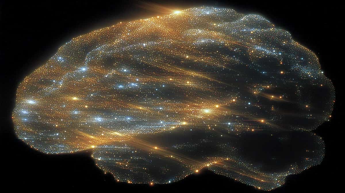 Abstract brain shape with golden and blue luminous particles on black background
