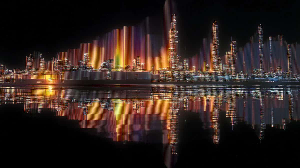 Nighttime city skyline with golden and orange lights reflected in still water below