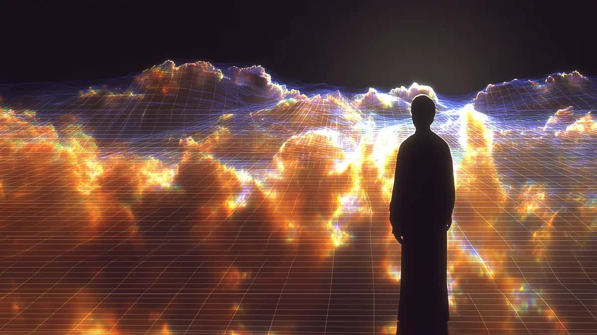 Silhouetted figure facing luminous golden clouds with grid overlay, warm orange and blue lighting