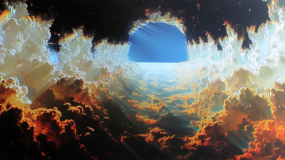 Dramatic sky view through cave opening, golden clouds frame blue horizon landscape