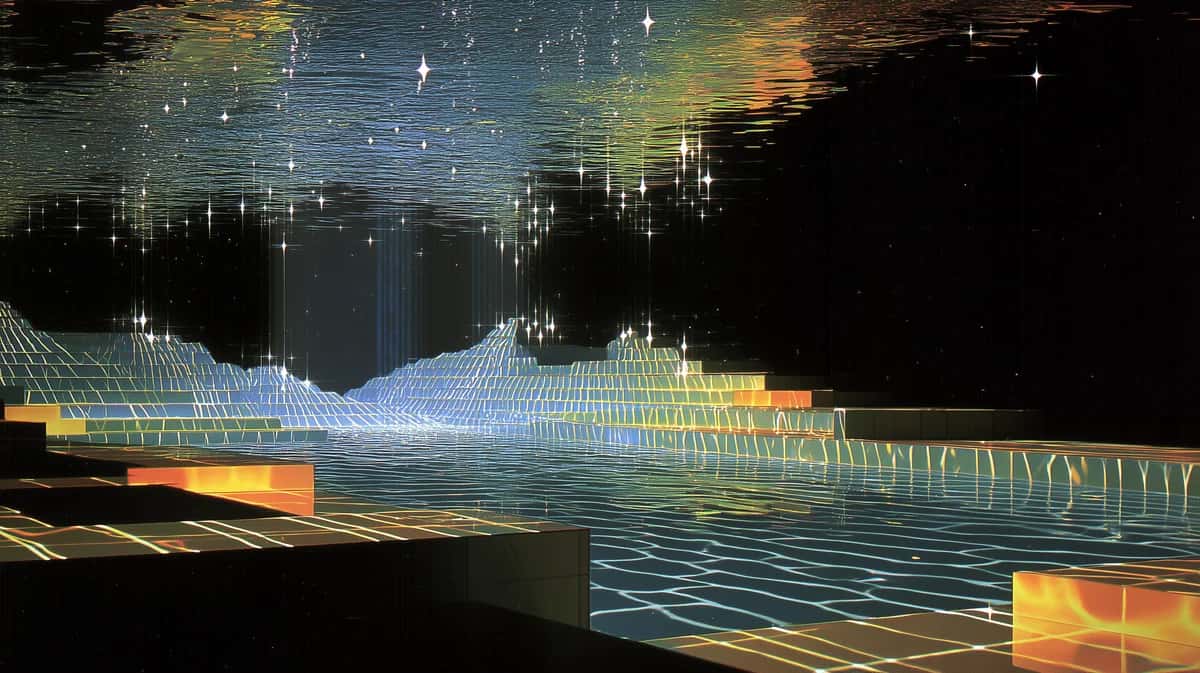 Dark digital terrain of glowing blue grid lines beneath a dense starfield