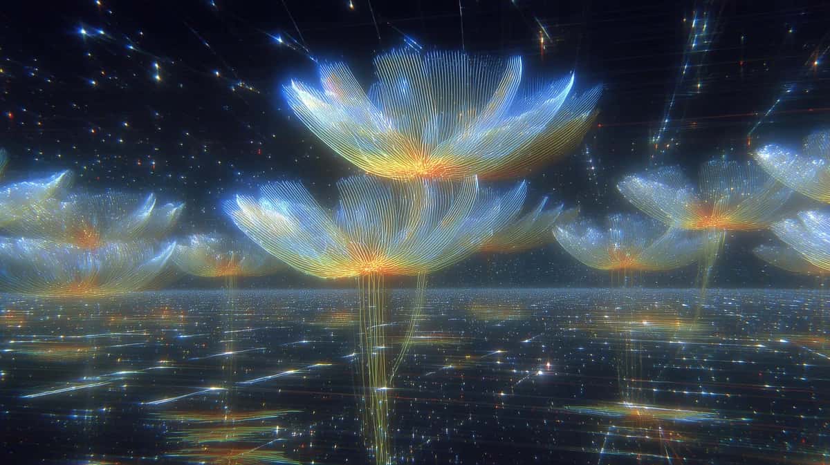 Ethereal glowing lotus flowers hovering above illuminated cityscape at night, blue and golden light