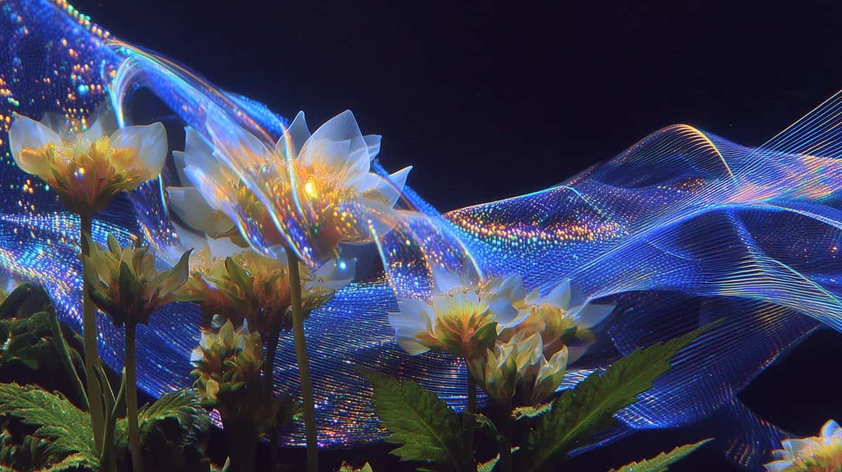 Yellow flowers with blue luminous waves and light trails on dark night background