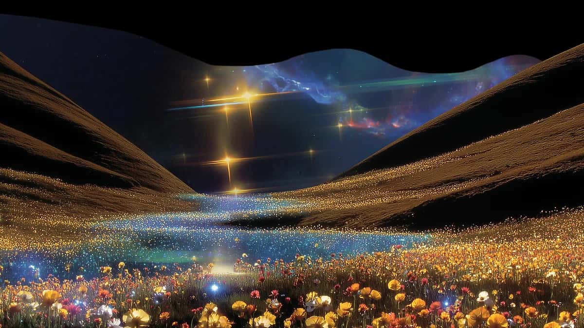 Night valley landscape with glowing wildflower field, golden lights, and luminous sky