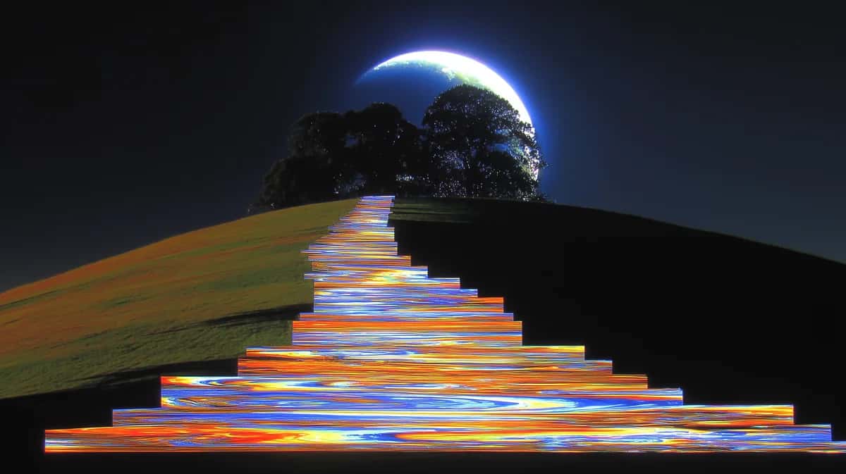 Iridescent rippling staircase climbs a dark hill toward trees and a crescent earth