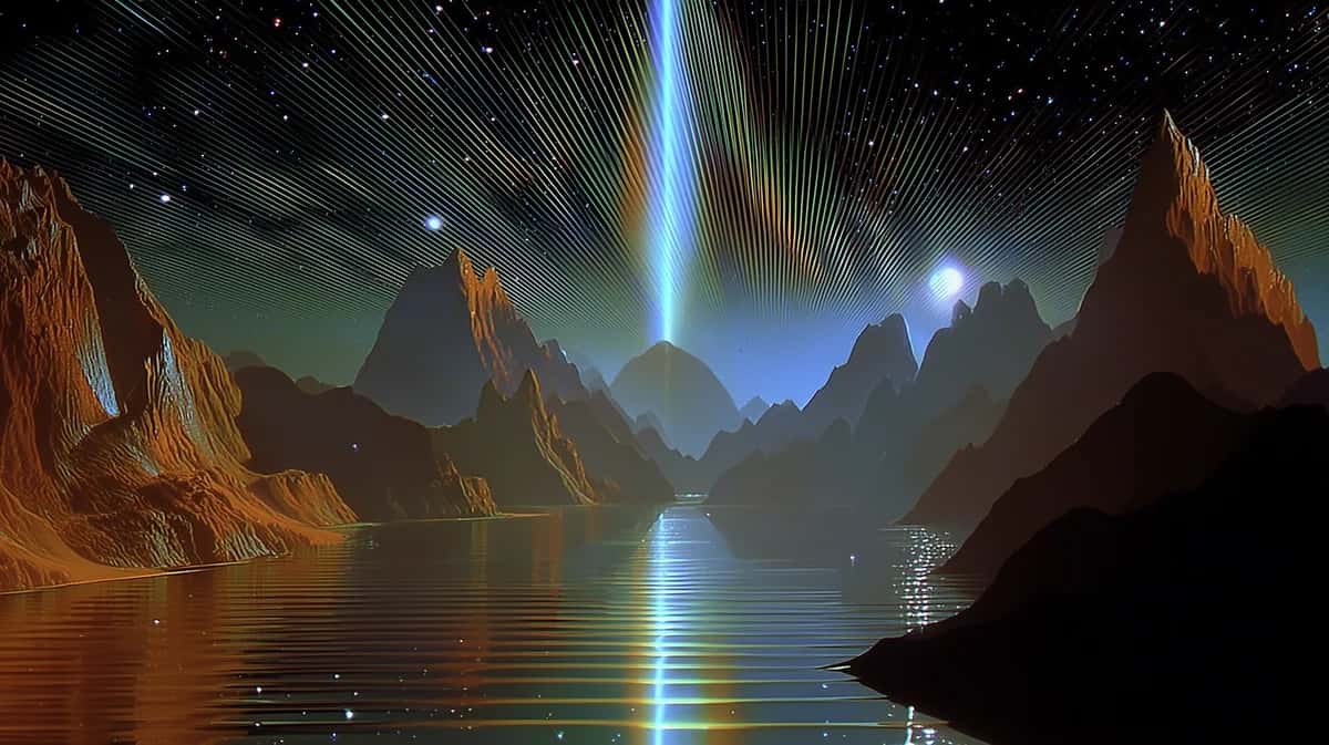 Alien landscape with golden rock formations, luminous blue beam, starry sky, and reflective water