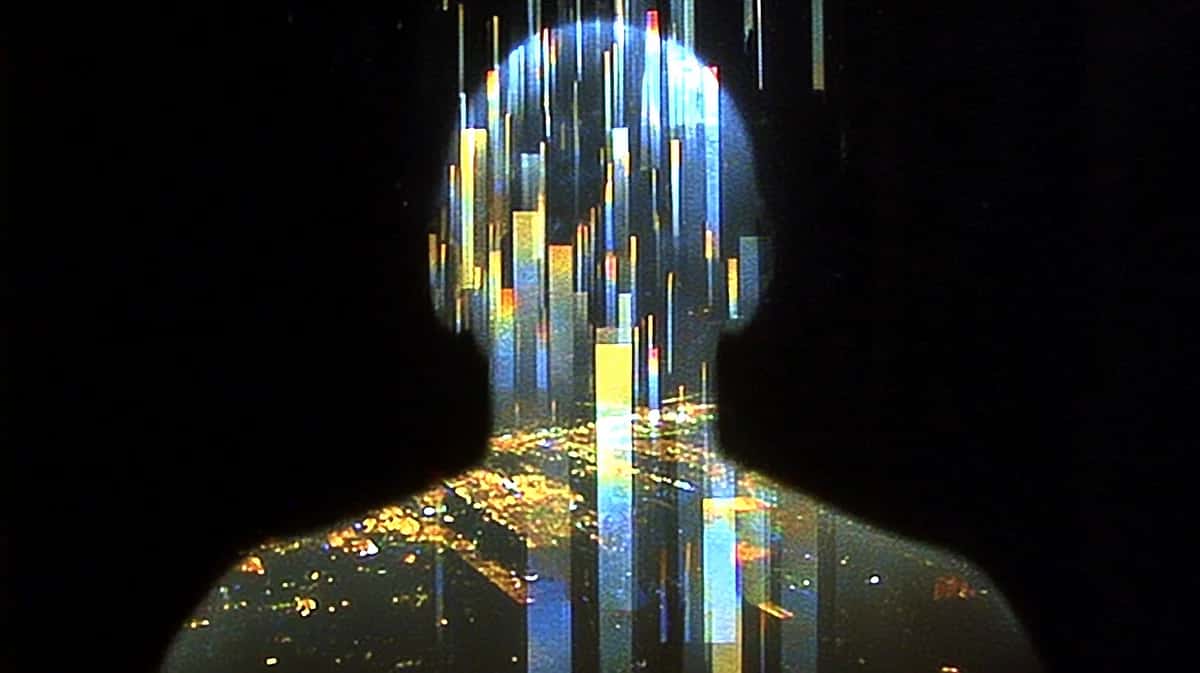 Double exposure silhouette with blue and gold light streaks flowing through human profile against dark background