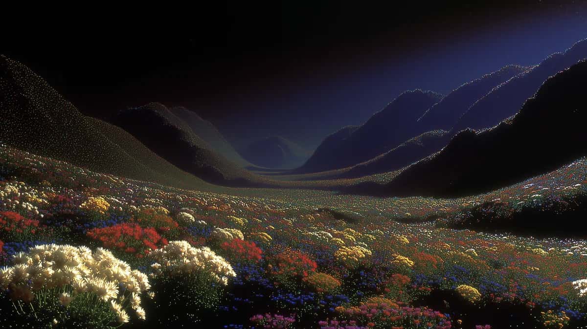 Twilight mountain valley with blooming wildflowers in vibrant reds, yellows, and whites under dramatic dark sky