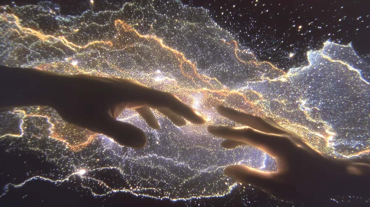 Two hands reaching toward each other surrounded by glowing golden and blue particles on dark background