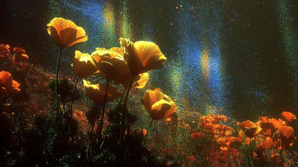 Golden wildflowers illuminated by warm sunlight against dark blue-green background with light rays