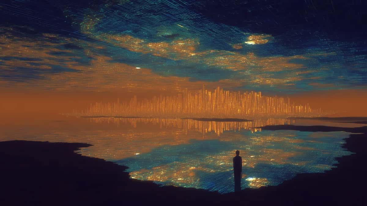 Futuristic cityscape reflected in still water at sunset, golden and blue tones, silhouetted landscape