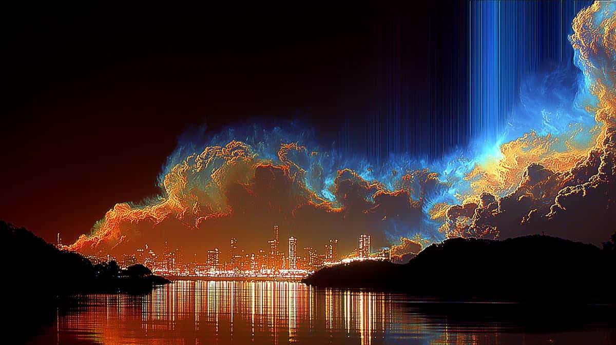 Dramatic nighttime landscape with glowing clouds illuminated in orange and blue above city lights reflected in still water