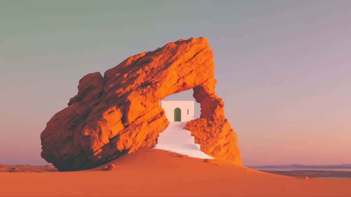Sunlit orange rock arch frames a white doorway and stairs over desert sand