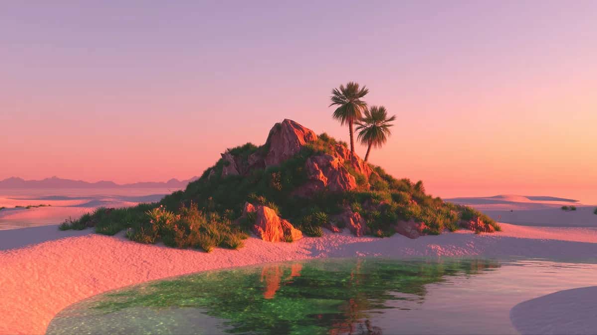 Tropical island at sunset with palm trees, golden pink sky, rocky outcrops, calm water